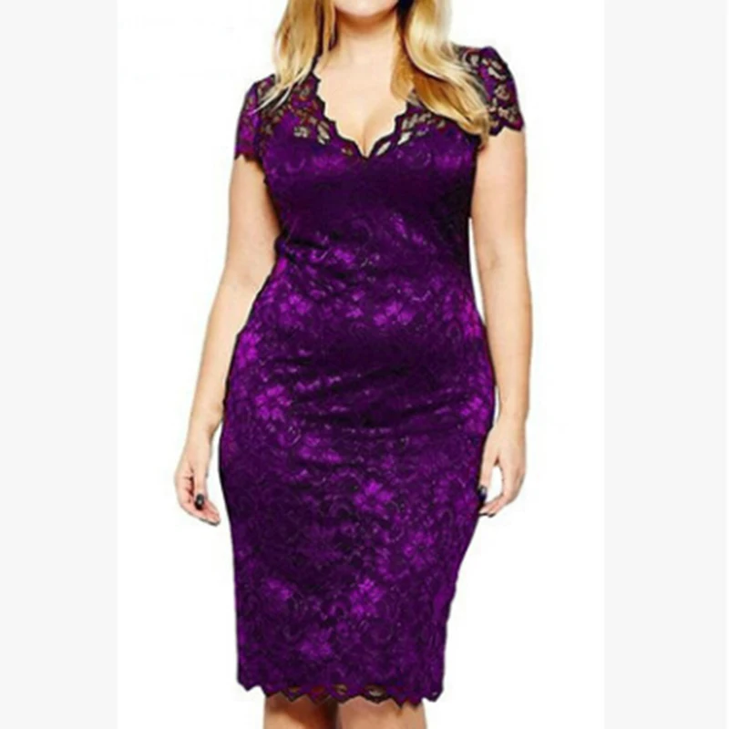 purple Женское платье размера плюс 4XL с v-образным вырезом и коротким рукавом, цветочное сексуальное кружевное платье, модные облегающие платья, женское вечернее платье, женские платья - Цвет: purple