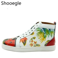 fashion men shoes floral printing round toe high top sneakers lace up flats men mixed color casual shoes