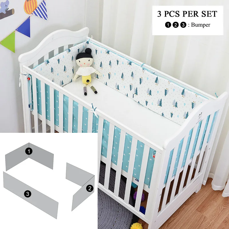 green tree 3pcs set Muslinlife Модные Детские бамперы для кроватки, модные рисунки Фламинго/кактуса/лисы/дерева/клаудов, безопасная защита, хлопковая детская кровать - Цвет: green tree 3pcs set