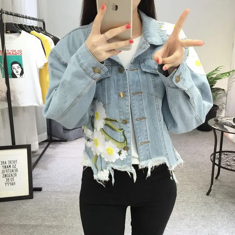 2017 Новая мода поступление Для женщин Вышивка Джинсовые куртки Винтаж