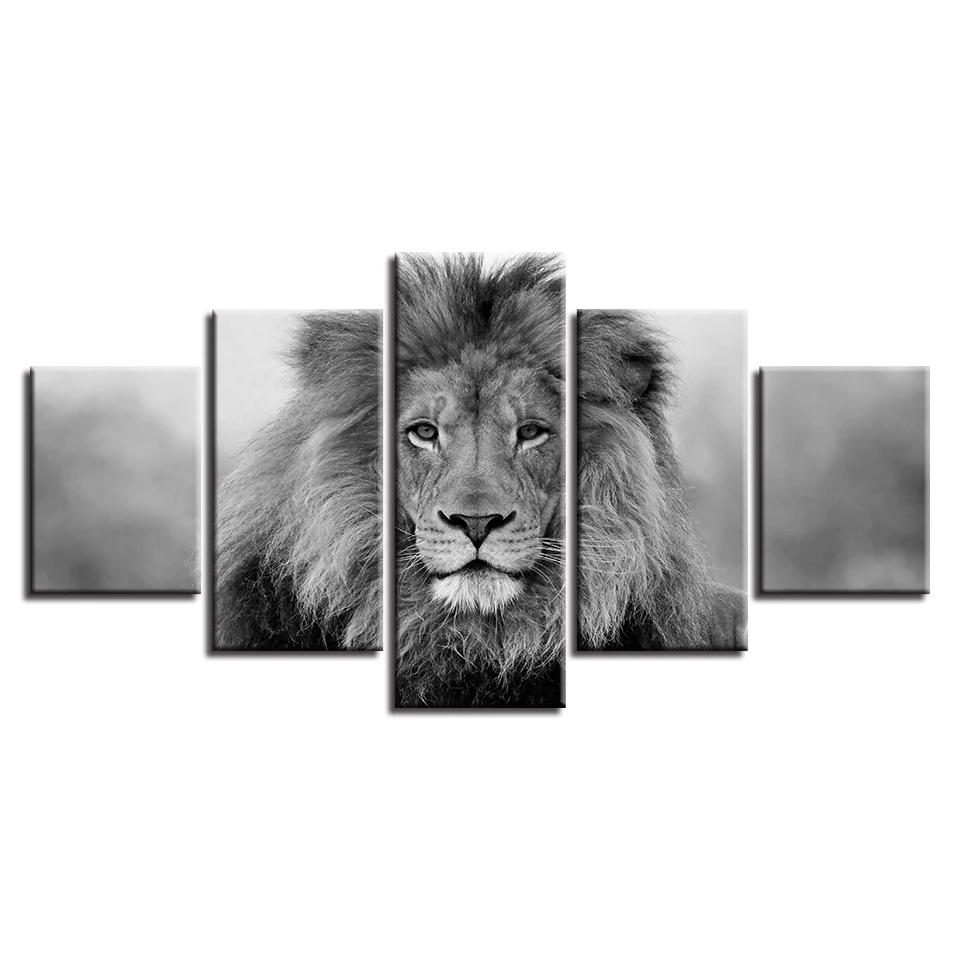Черно-белые Животные модульная холст фотографии Wall Art 5 шт. плакат со львом Декор