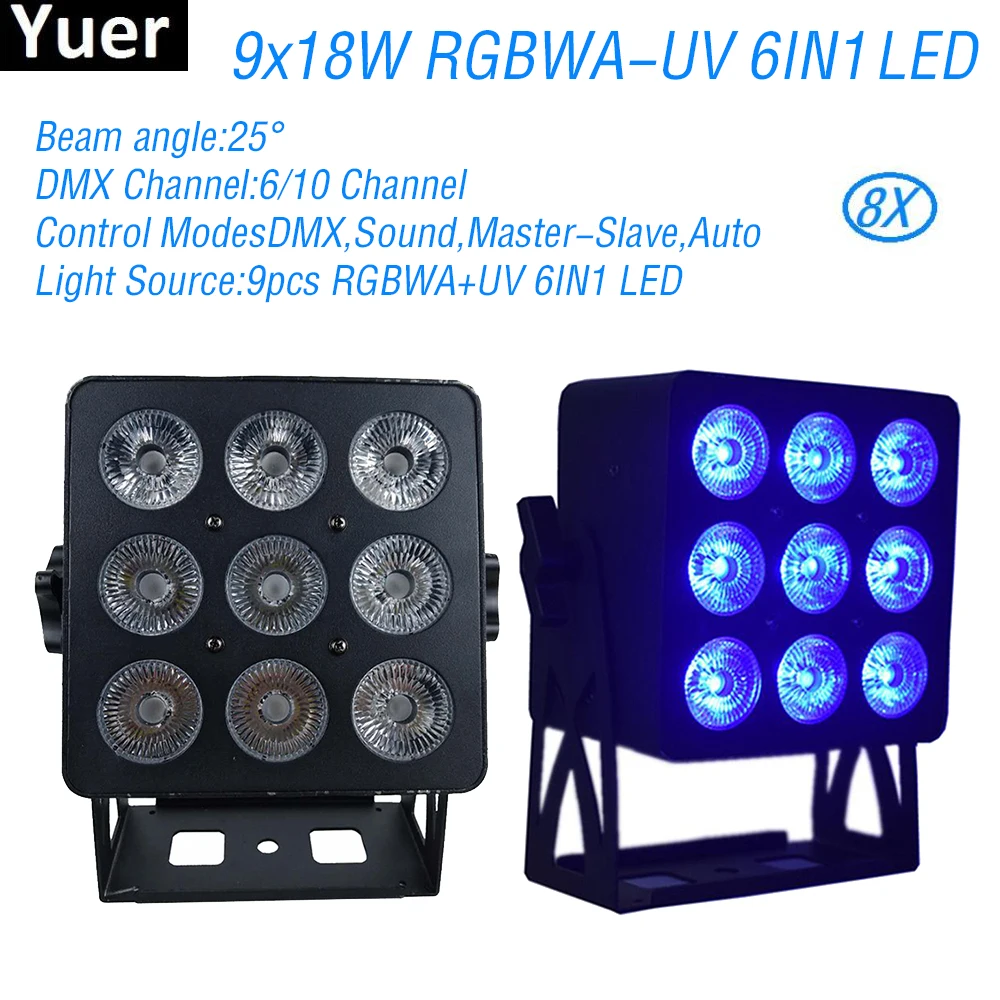 

Прожектор для сцены 6 в 1, 9x18 Вт, RGBWA-UV, 8 шт./лот