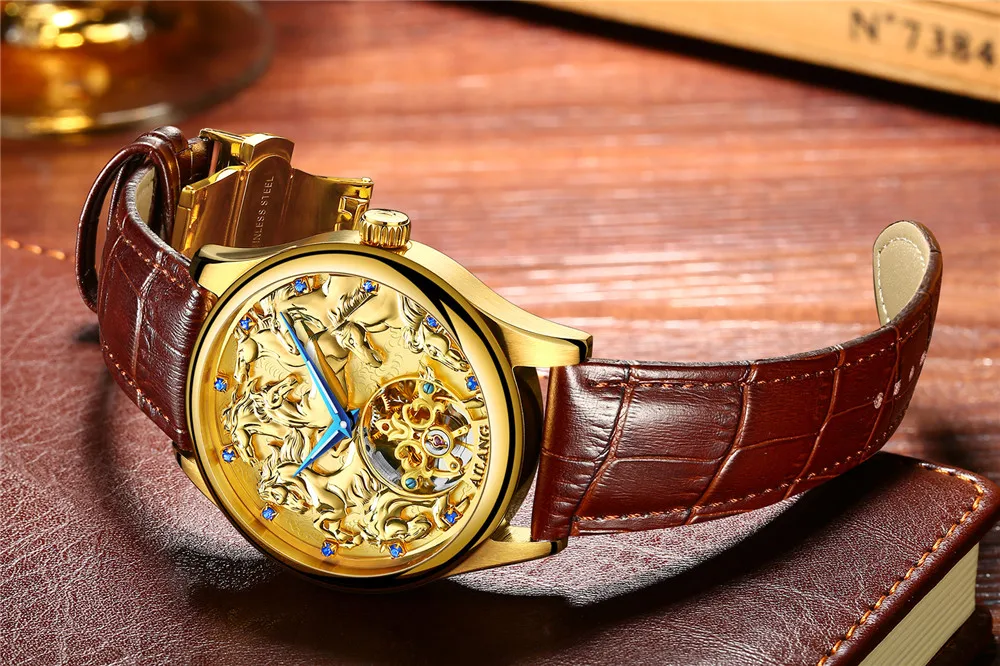 Лошадь узор tourbillon Классический для мужчин деловые часы деловые водонепроницаемые часы Элитный бренд пояса из натуральной кожи автоматические часы