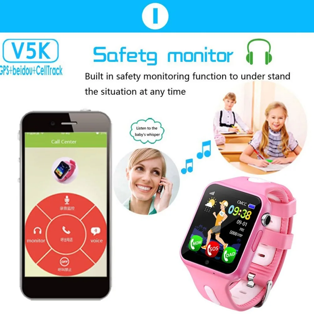 Детские часы с gps трекером, водонепроницаемые, с камерой, gps, LBS, SOS, устройство для отслеживания местоположения, aladeng, Детские умные часы V5K, 1 шт