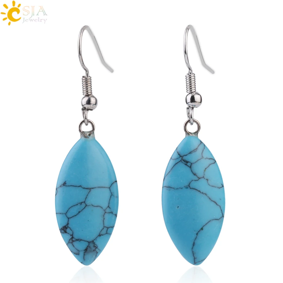 Blue Turquoise CSJA, висячие серьги из натурального камня, в форме Глаза Лошади, розовые, фиолетовые, Кристальные, кварцевые серьги-капли, простые Драгоценности для ушей для женщин F978 - Окраска металла: Blue Turquoise