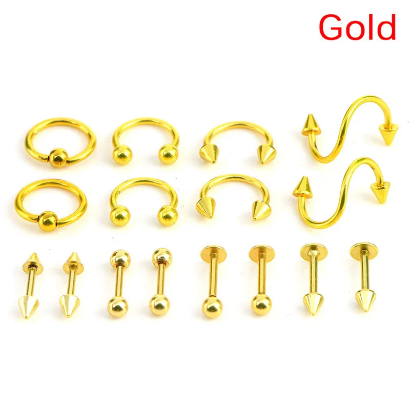 gold 16 шт./компл. Нержавеющая сталь спиральный носовой кольца серьги гвоздик для козелка пирсинг для Для женщин Для мужчин Мода пирсинг для носа серьги-обманки пирсинг Lengua - Окраска металла: gold