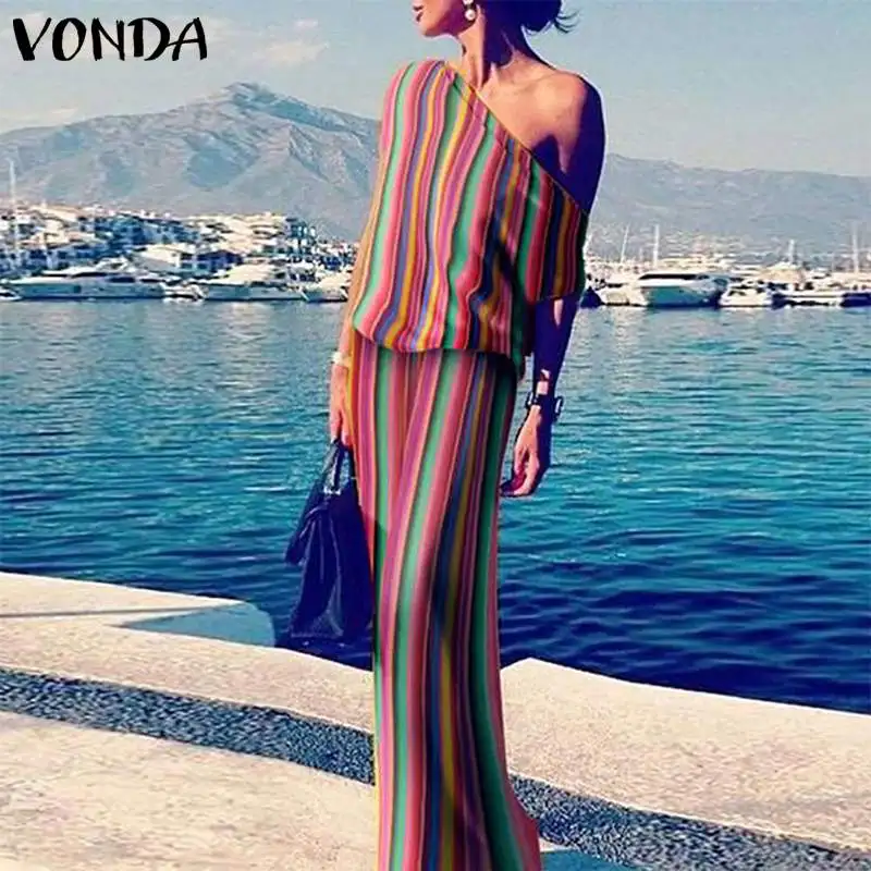 VONDA женское вечернее платье с открытыми плечами, асимметричное платье в богемную полоску, длинное платье, летнее праздничное платье, сарафан размера плюс