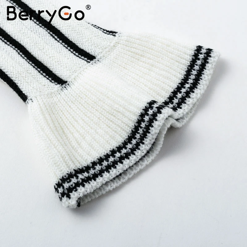 BerryGo Sexy hollow out ruffles knitted pullover Women casual striped sweater autumn winter 2018 Flare sleeve warm jumper female | Женская