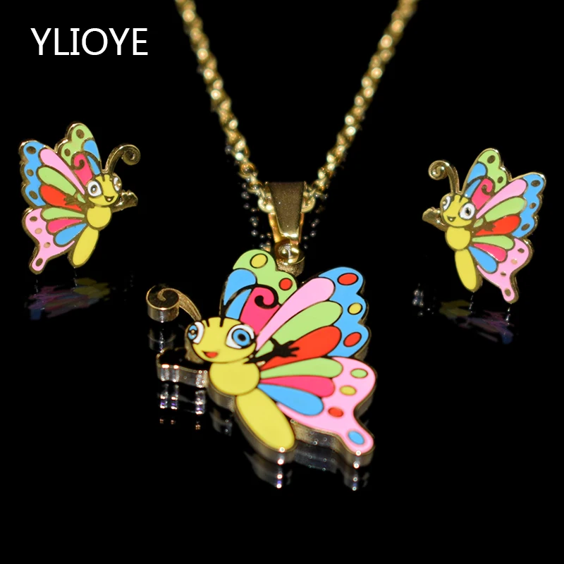 Мультфильм Радуга бабочка нержавеющая сталь 100% позолоченное ожерелье серьги