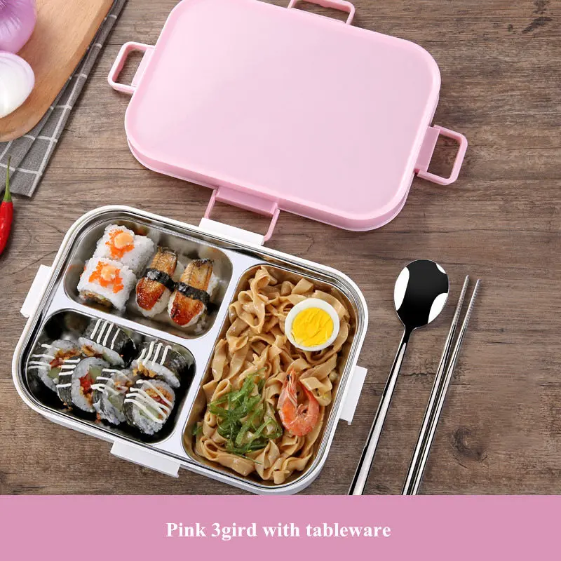 Pink 3 Gird ONEUP 304 термо-Ланч-бокс из нержавеющей стали портативный герметичный Бенто-бокс 1000 мл контейнер для хранения продуктов с столовыми приборами и сумкой - Цвет: Pink 3 Gird