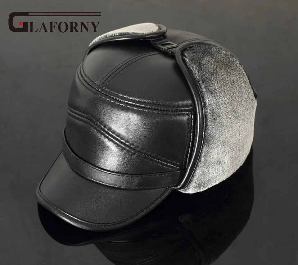Мужская бейсболка Glaforny черная из натуральной кожи с искусственным мехом