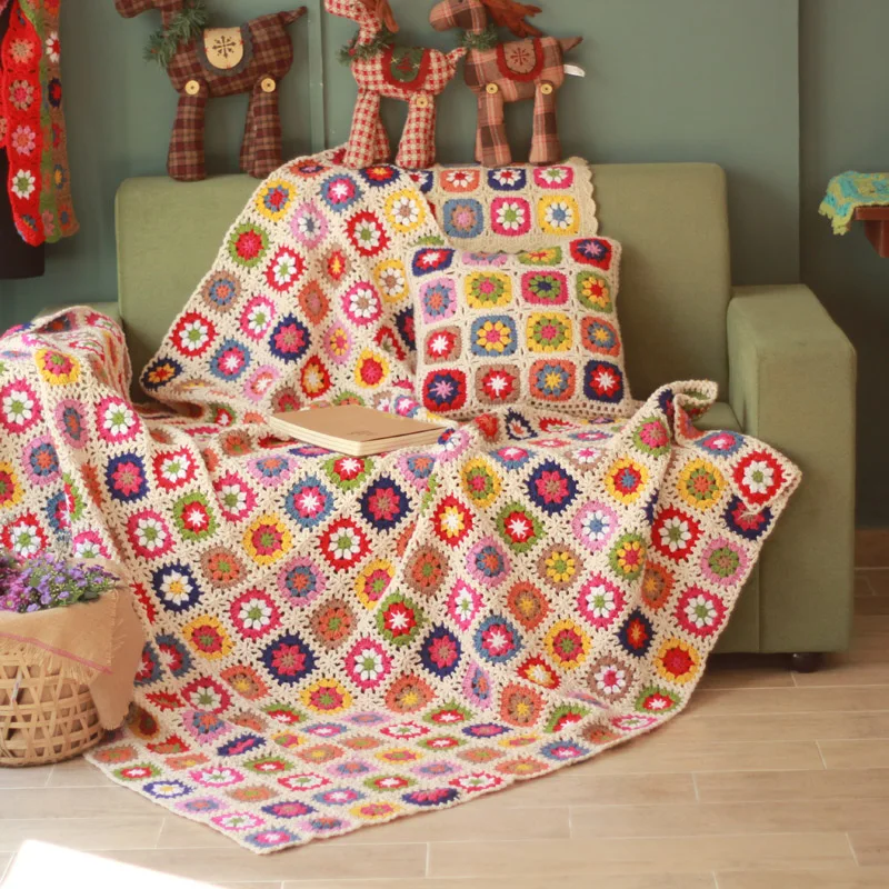 100x 100cm colour mat handmade original Hand hooked crochet blanket cushion felt bay window banket pastoral style gift | Дом и сад