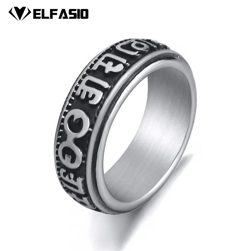 Кольцо Elfasio мужское из нержавеющей стали буддийская мантра Ом мани падме хум с