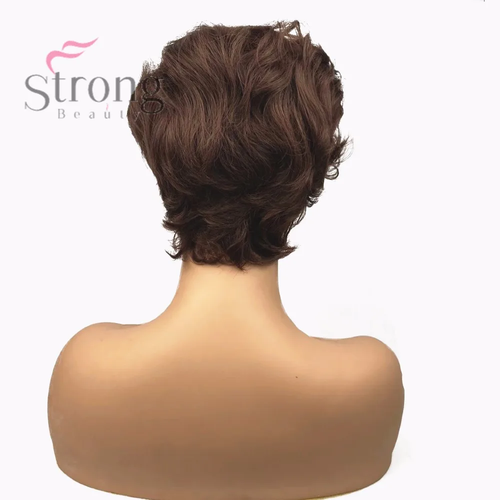 StrongBeauty женский синтетический монолитный парик коричневый стриженые волосы с асимметричным боковым взрывом Короткие вьющиеся парики