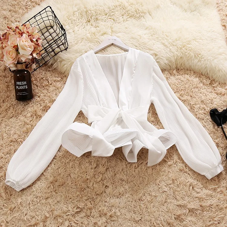 Women's spring summer lantern sleeve elastic slim waist chiffon Shirt tops lady's casual ruffles bow Tees TB1044 | Женская
