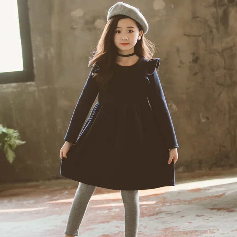 navy blue Зимние платья для девочек; Элегантные плотные детские платья для девочек; теплая хлопковая одежда из флиса для девочек; От 5 до 15 лет; RT317 - Цвет: navy blue
