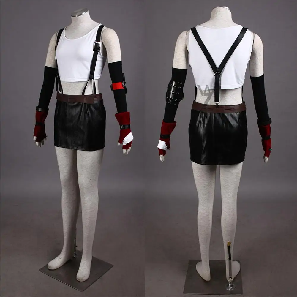Sexy Girls Mini Skirt Tifa Cosplay Costume Final Fantasy VII Cosplay Black Leather Skirt Set with Suspenders