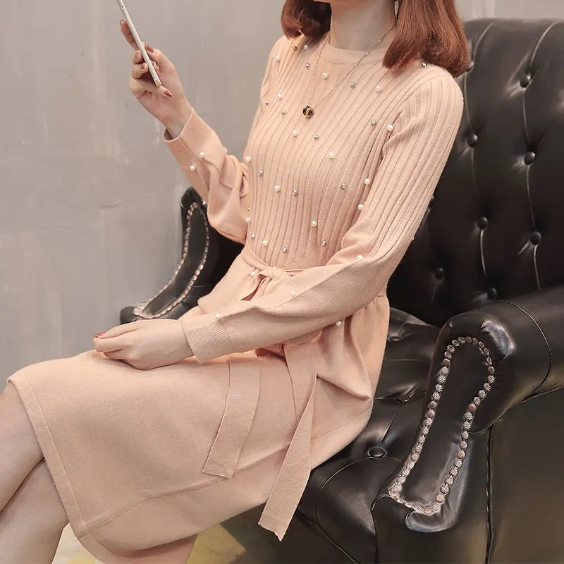 D00288 pink Осенне-зимнее женское трикотажное платье с поясом и рукавами-фонариками, длинное платье-свитер с бусинами, женское свободное приталенное платье, Vestidos D288 - Цвет: D00288 pink