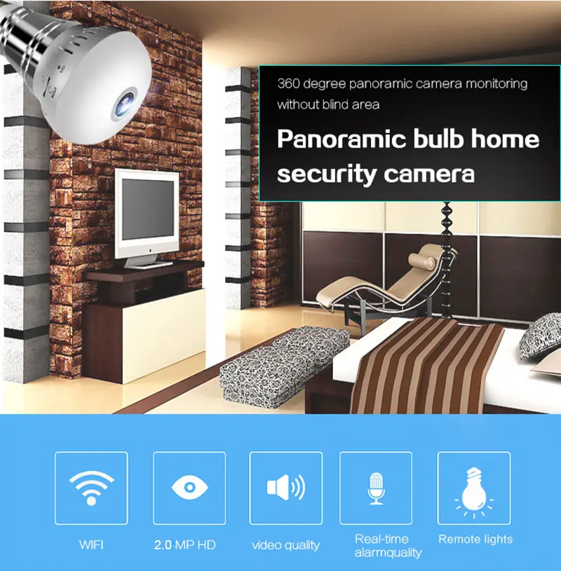 Экшн камера с Wi Fi IP HD 1080 P 2MP E27 360 градусов панорамный объектив рыбий глаз Смарт