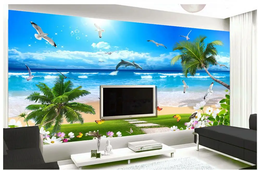 Пользовательские 3d фото обои ванная комната пляж дерево волны газон дорога чайки