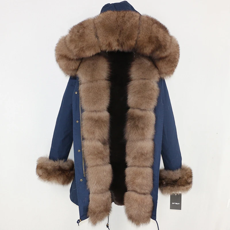 navy brown OFTBUY, зимняя куртка, Женское пальто с натуральным мехом, брендовая Роскошная длинная парка, большой натуральный Лисий мех, уличная одежда, толстая теплая, 3 в 1 размера плюс - Цвет: navy brown