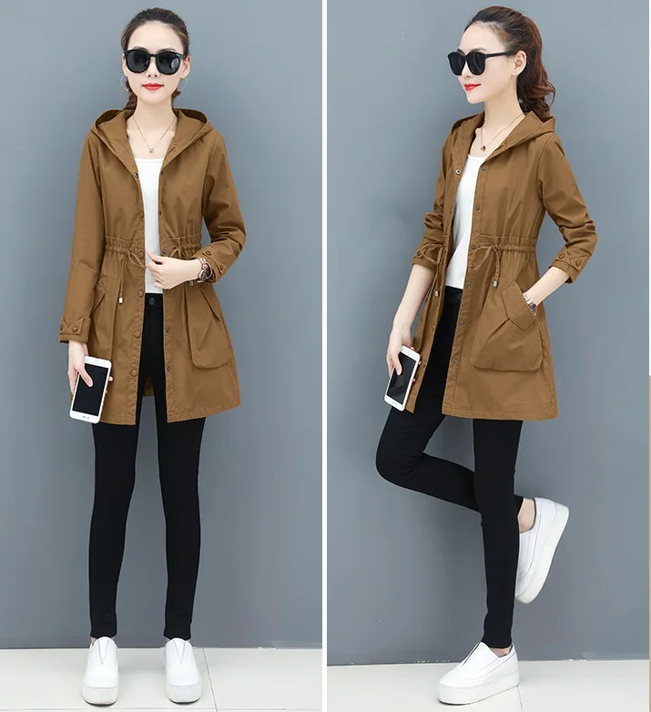 Spring Autumn Trench Coat Women Full Sleeve Thin Overcoat Medium Long Windbreaker Female New Temperament Hooded Clothing