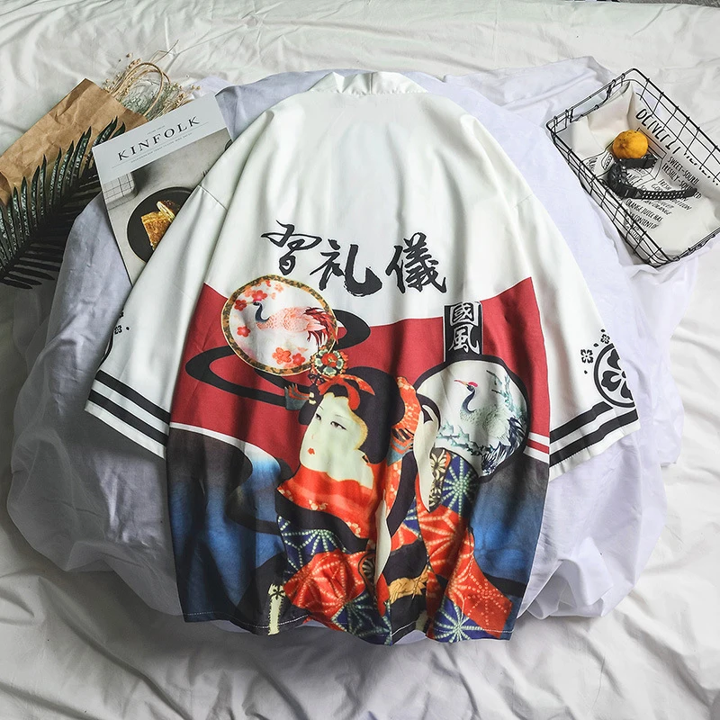 Haori, японский стиль, мужская рубашка для влюбленных, китайский дракон, одежда с изображением рыбы, самурайский журавль, мужская и женская блузка размера плюс, кимоно, Необычные азиатские