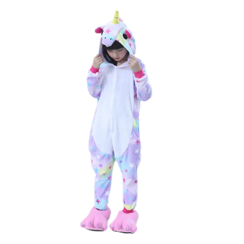 Kids Animal Stars Unicorn Pajamas For Boys Girls Flannel Cartoon cosplay Children Sleepwear Cute Hooded Pijamas Onesies 4-12Year | Детская