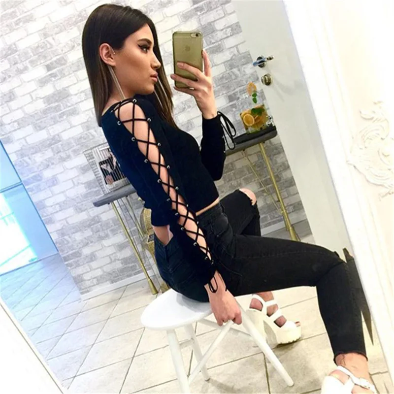 Новинка 2016 женская блузка со шнуровкой и длинным рукавом эротичный вырез женские