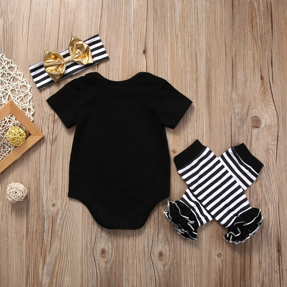 Newborn Baby Boy Girl 3pcs Outfit Clothes Set Short Sleeve Daddy Romper Tops+Striped Leg Warmer Bow Headband Outfits | Детская одежда и