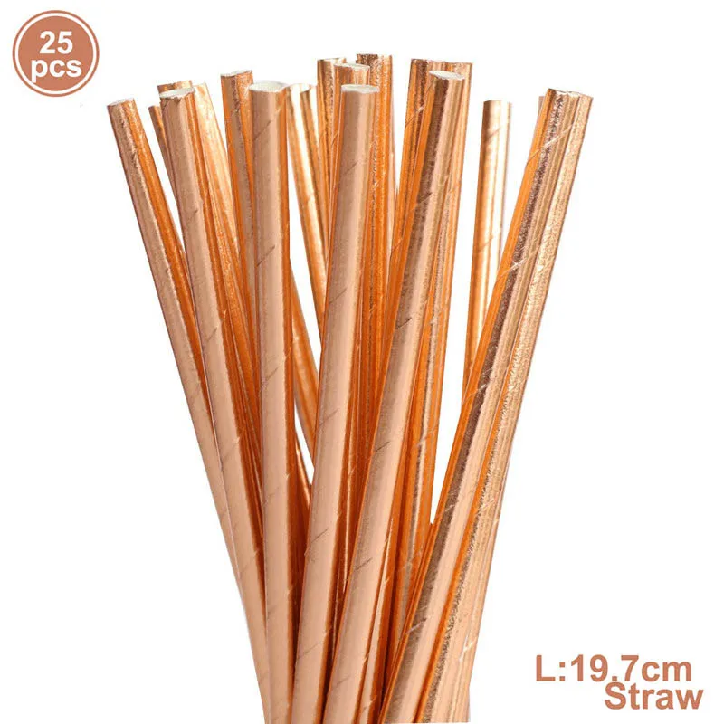25pcs straw Посуда для вечеринки в честь Дня Рождения Розовое Золото чашки с изображением бумажные тарелки и соломки салфетки десертные тарелки обеденные тарелки Bachelor вечерние принадлежности - Цвет: 25pcs straw