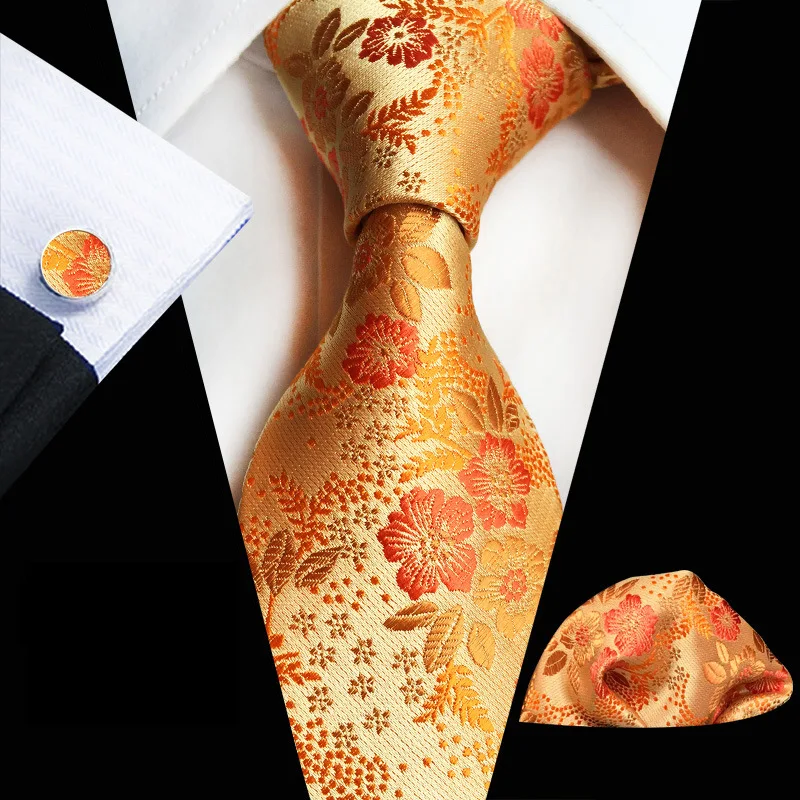 

Classic Silk Ties Sets Gold Floral Tie Hanky Cufflinks Sets Jacqaurd Necktie