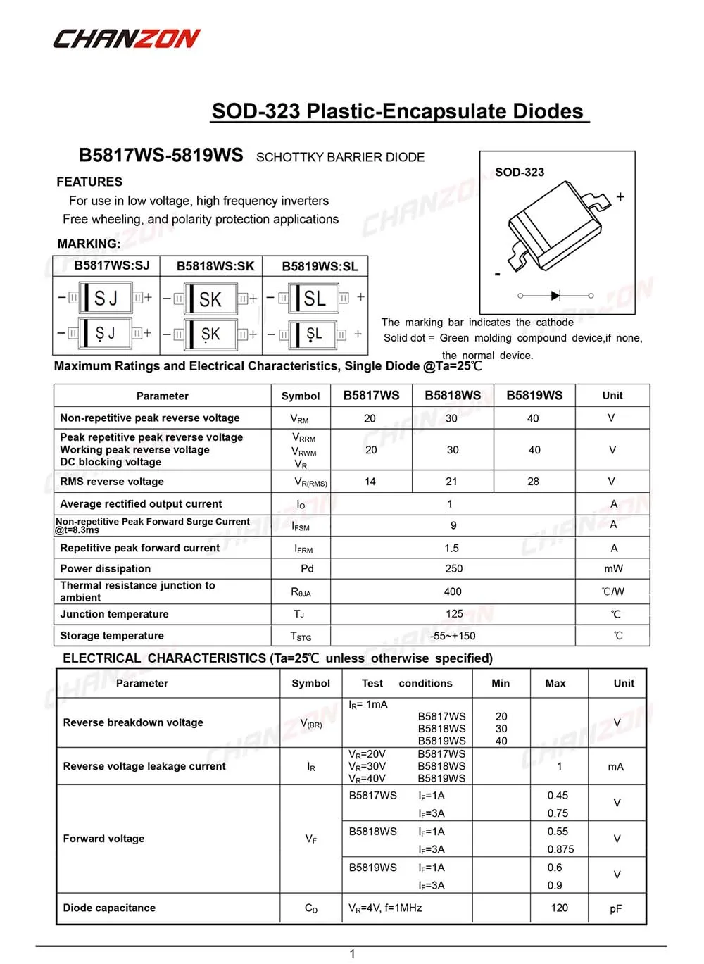 (100 шт.) B5819WS SMD Диоды выпрямителя Шоттки с барьером 1 A 40 в SOD 323 (SC 76) а В (Marking SL)|diode