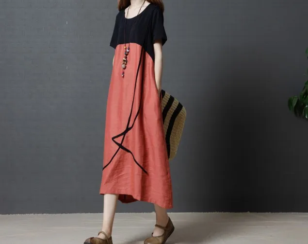 

Women summer dress loose casual 2019 plus size vintage female clothing hit color fashion dresses long dresses XXL M