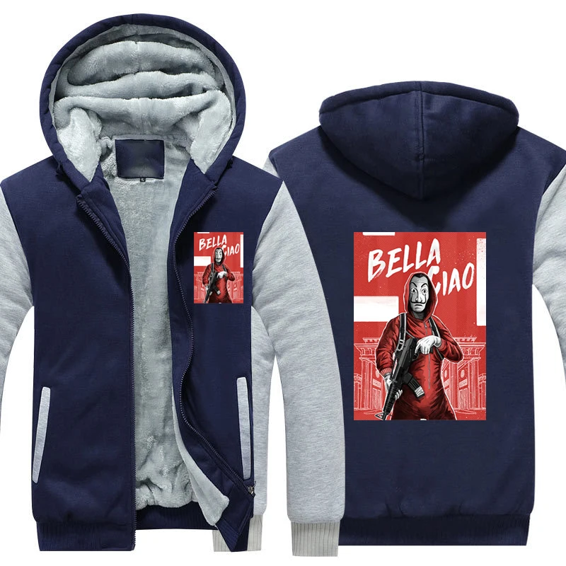 Blue3 La casa de papel Thicken Hoodie Coat Money Heist Warm Hoodie Dali Mask La casa de papel Fleece Winter Hoodie - Цвет: Blue3