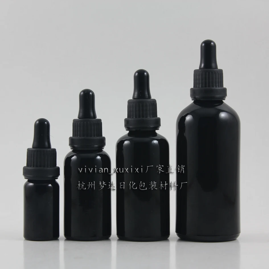 wholesale 50pcs 50ml shiny black dropper glass bottle with black plastic cap,glass 50ml dropper container, essential oil bottle