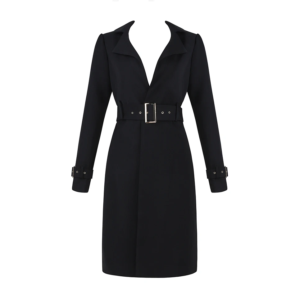 Adyce 2019 New Women Winter Coat Black Long Sleeve Trench Sash Style Sexy Deep V Neck Fashion | Женская одежда