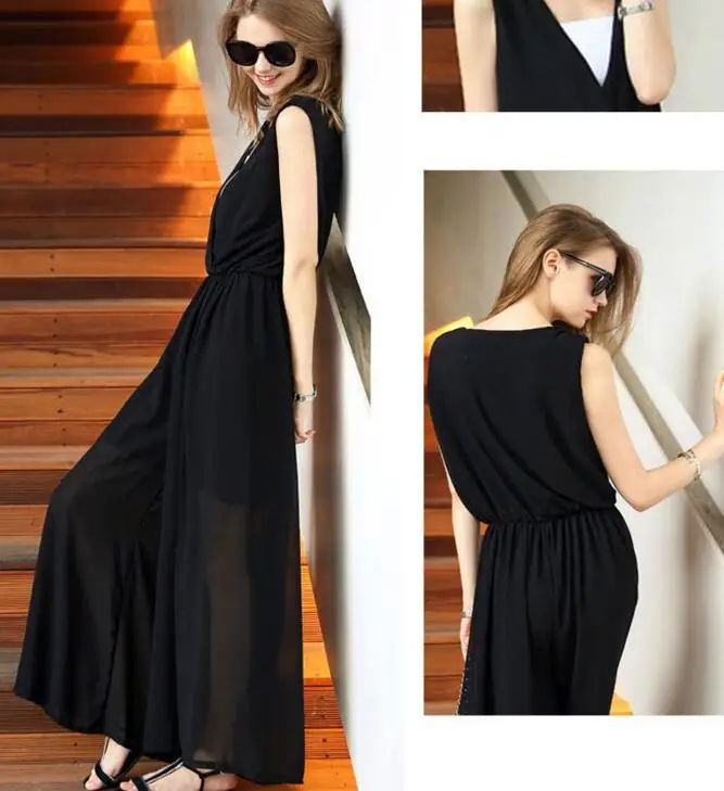 Женщины Шифон Комбинезон 2017 Лето Рукавов Глубокий V Шеи Широкую Ногу Брюки Общая