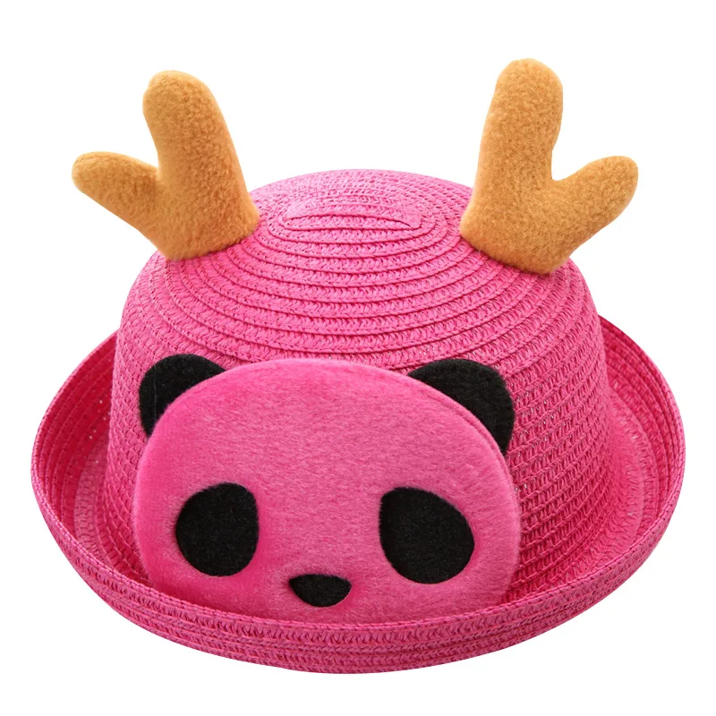 rose red panda Детские шляпы, летние Панамы для девочек, милые соломенные кепки с рисунком котенка для мальчиков, детские шляпы в стиле хип-хоп с изображением милого медведя для девочек - Цвет: rose red panda