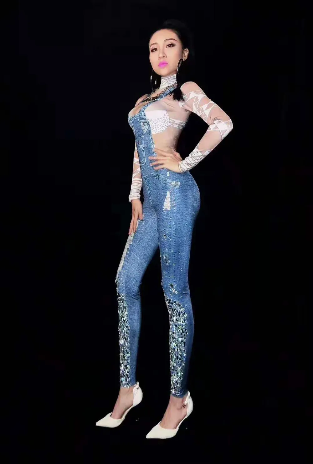 Новый женский сексуальный сценический комбинезон джинсовый костюм с принтом