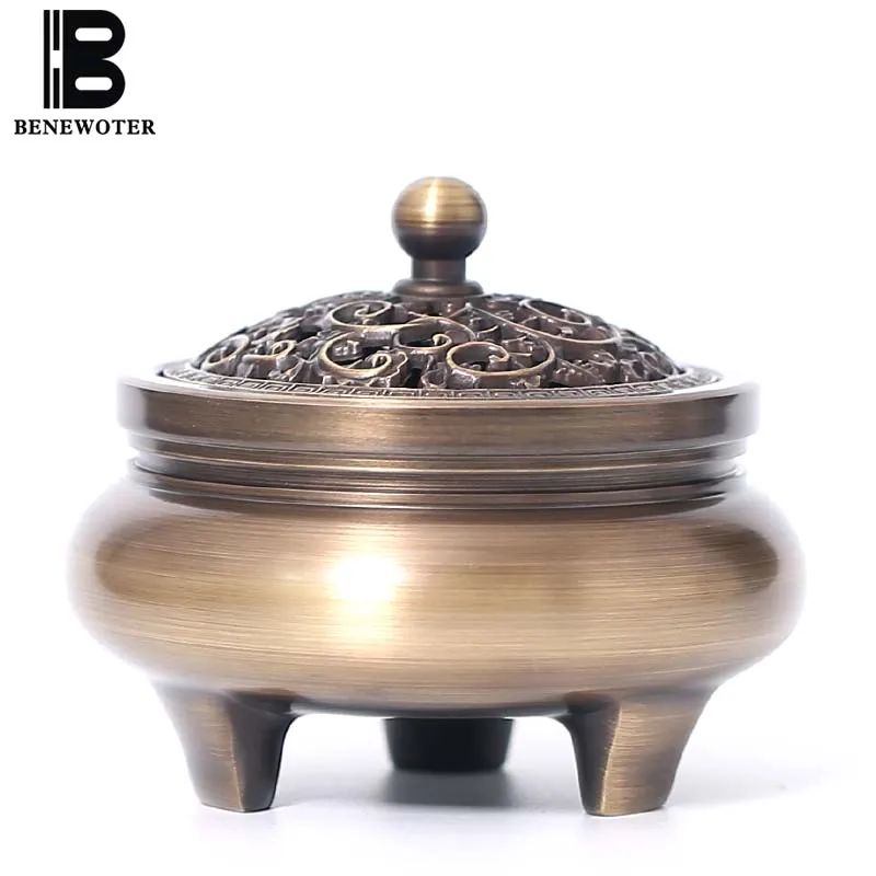 

Creative Chinese Ornaments Vintage Brass Incense Burner with Lid Buddhist Temple Tripod Sitck Coil Cone Sandalwood Copper Censer