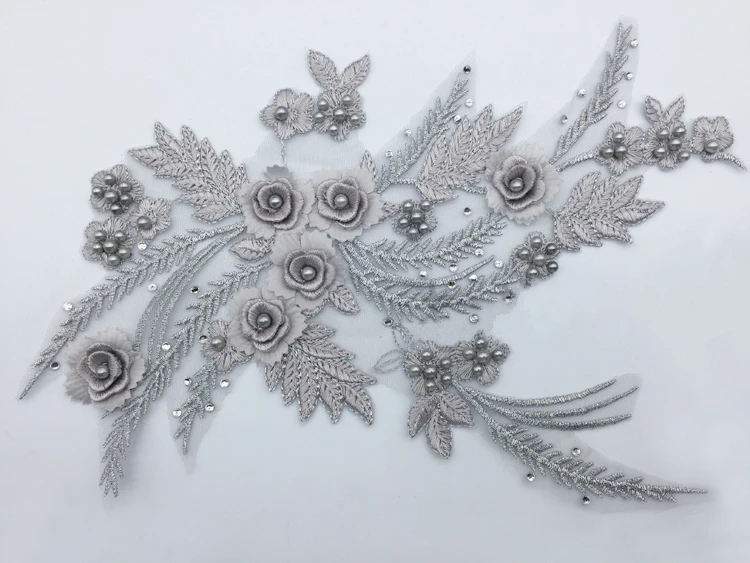Кружевная аппликация с 3D цветами Королевского синего цвета 1 шт. темно красные