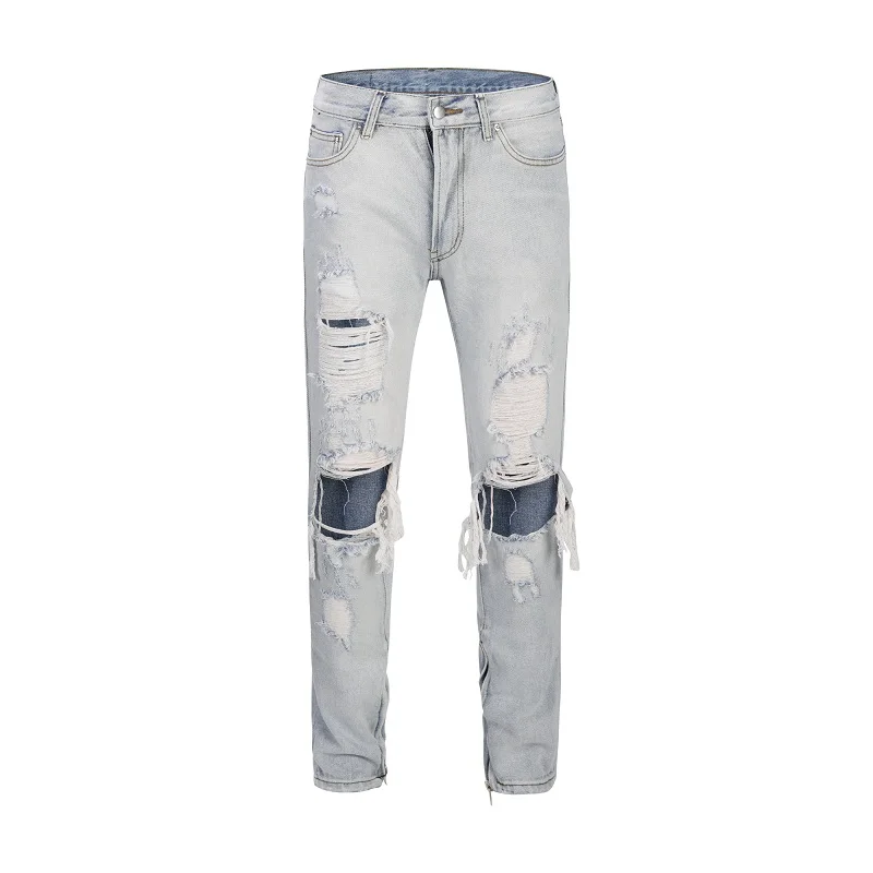 QoolXCWear KANYE, WEST, отверстие для колена, боковая молния, тонкие рваные джинсы для мужчин, Джастин Бибер, рваные порванные джинсы для мужчин, брюки - Цвет: blue