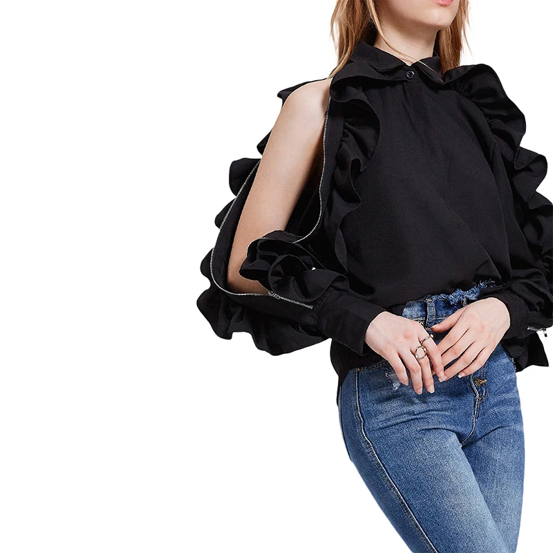 HYH HAOYIHUI Brand Women Black Sweet Shirts Cold Shoulder Butterfly Sleeve Zipper Buttons Female Casual Blouses Sexy Lady |