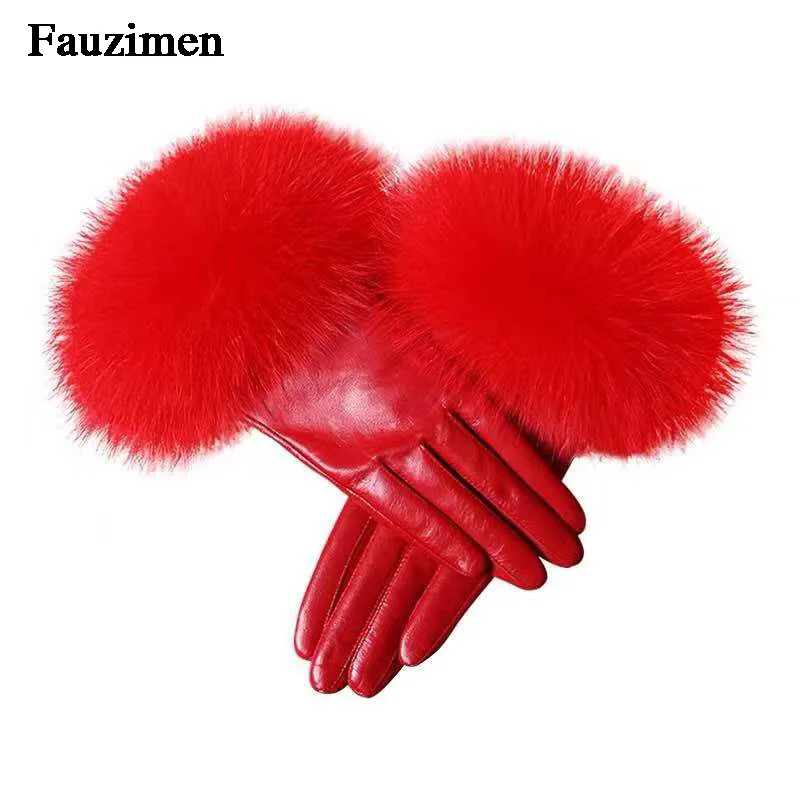 

Winter Sexy Real Sheep Leather Real Fox Fur Mittens Genuine Leather Glove Fox Fur Gloves Women's Fashion