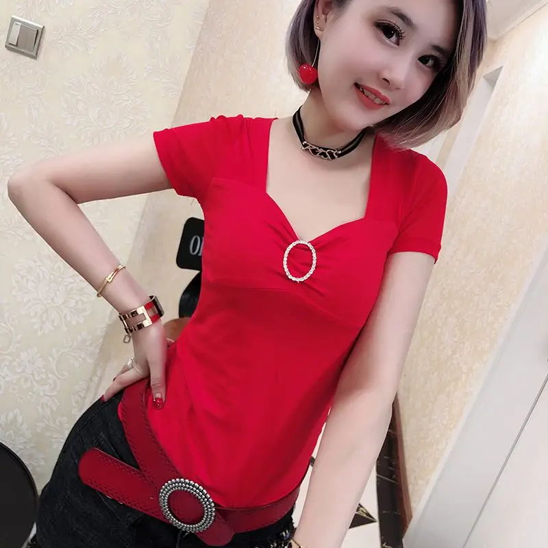 Red tshirt Сексуальная футболка в алмазах с v-образным вырезом, новинка, весна-лето, женская футболка с коротким рукавом и бабочкой, уличная одежда T93707 - Цвет: Red tshirt