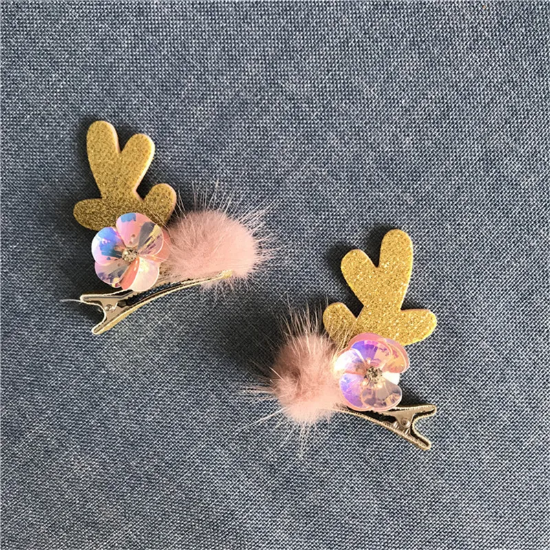 10 пар/лот Золотой блестящий фетровый рога оленя для волос Зажимы с блестками