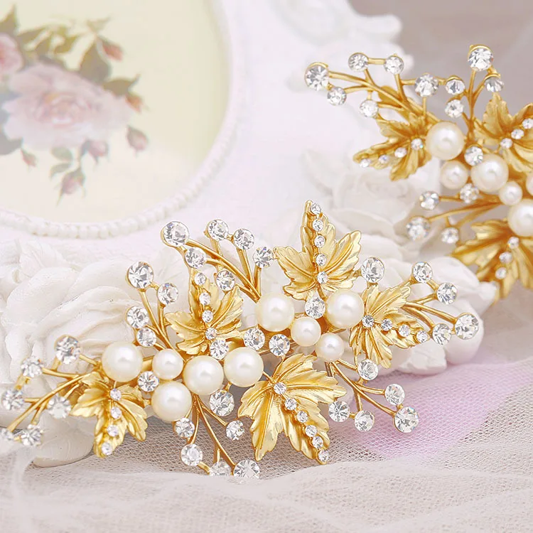 Заколка для волос с жемчугом и золотыми листьями 1 пара|jewelry punk|jewelry testerheaddress pics |