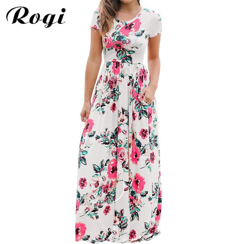 Rogi Autumn Long Maxi Dress Vintage Floral Print Tunic Dresses For Women Short Sleeve Beach Female Vestidos Largos Mujer|dress for|maxi dressdress