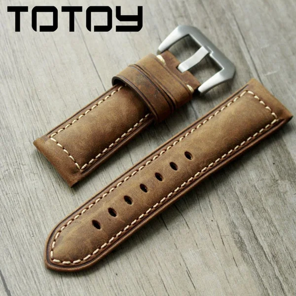 Коричневый TOTOY ручной работы Crazy Horse кожаный ремешок для часов, 20 мм 22 мм 24 мм 26 мм для PAM111 мужской грубый стиль ремень Быстрая - Цвет ремешка: Коричневый